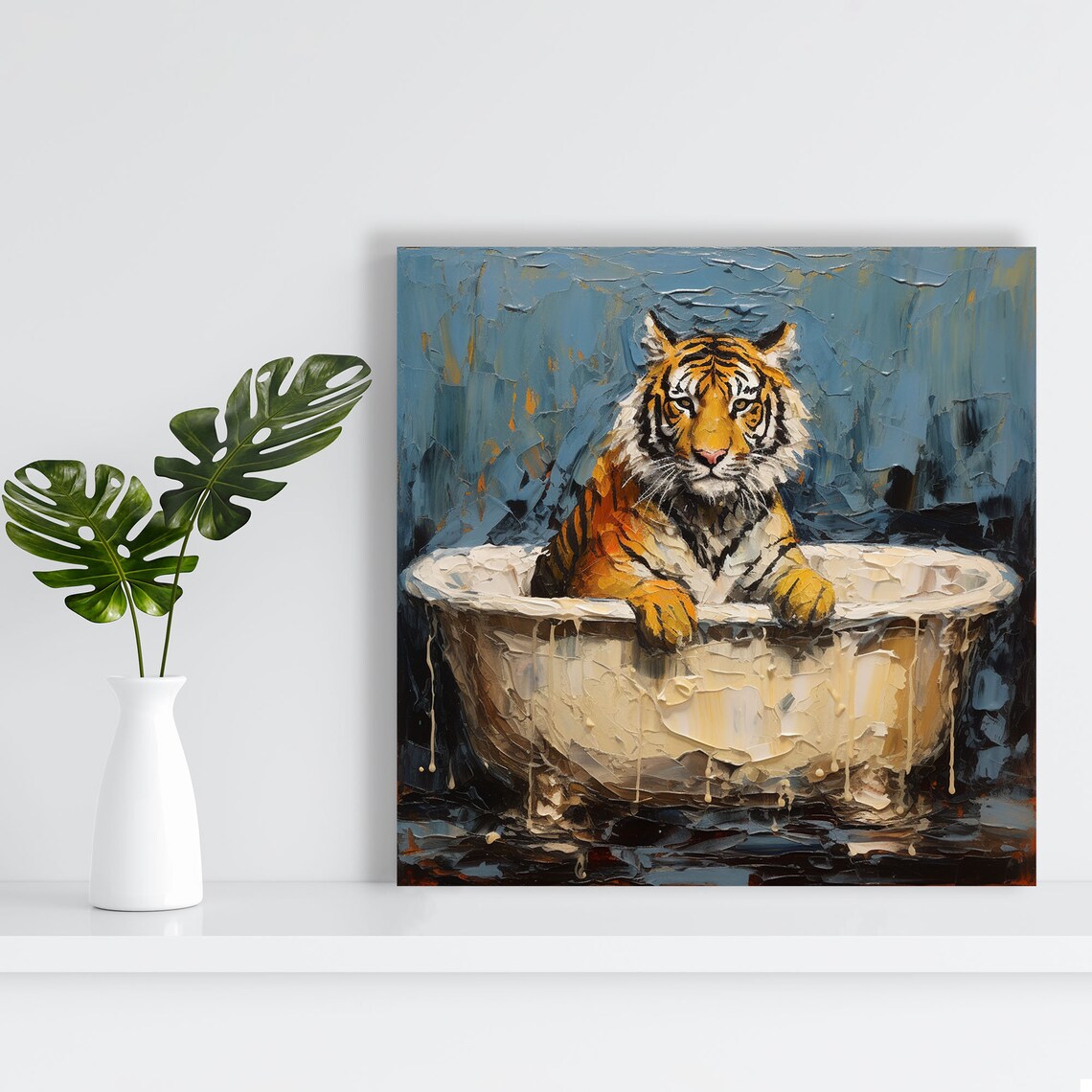 Tiger In Bathtub Impasto Oil Painting Blue Playful Wildlife Art Poster - Image 4