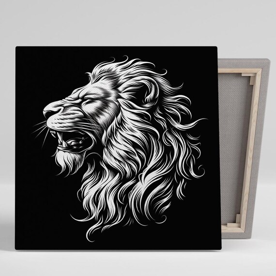 Monochrome Lion Roar Portrait Black White Line Art Bold Wall Poster