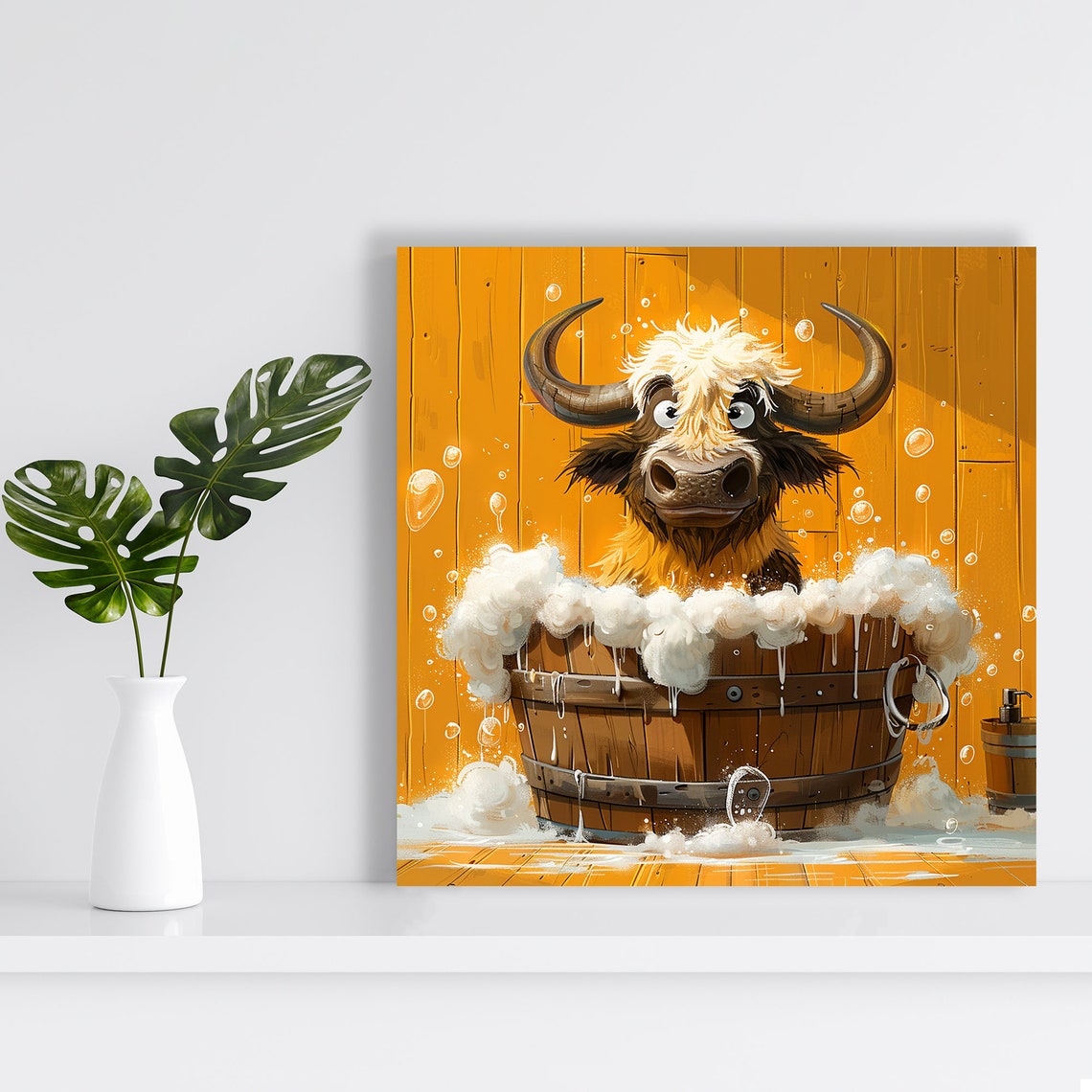 Highland Cow Bath Time Bubbly Wooden Tub Cute Cartoon Whimsical Poster - Image 2