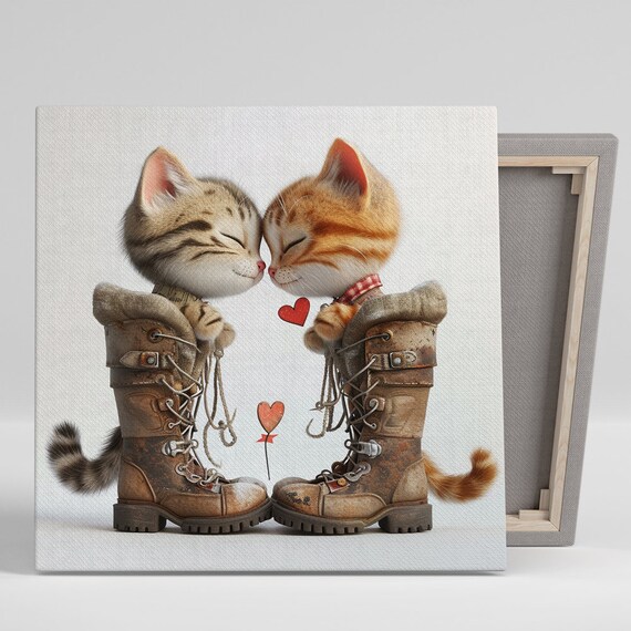 Two Kittens In Rustic Boots Touching Heads Sweet Heartwarming Art Poster