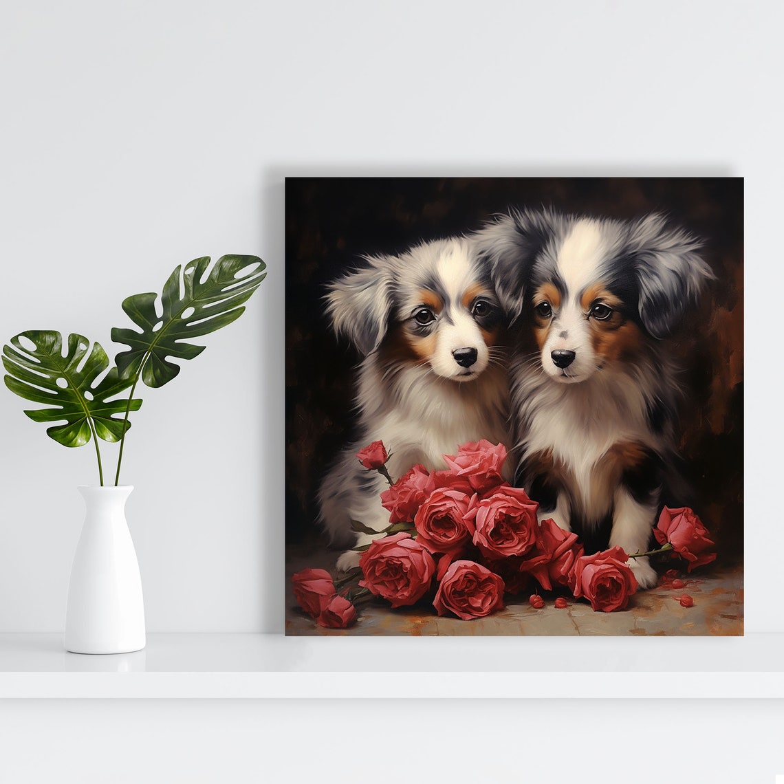 Dogs With Red Flower Art Or Poster Pet Themed Artwork Contemporary Dog And Flower Art Animal Art Dog Wall Art Home Decor - Image 3