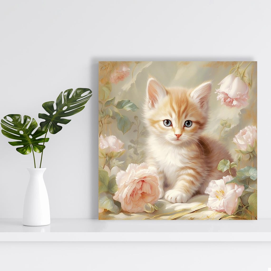 Ginger Kitten Pink Roses Vintage Floral Soft Romantic Cat Art Poster - Image 2