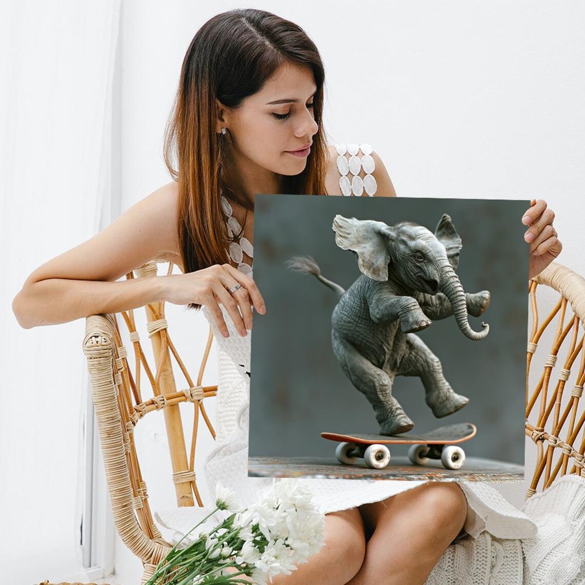 Baby Elephant Skateboarding Orange Board Trick Grey Minimalist Art Poster - Image 3