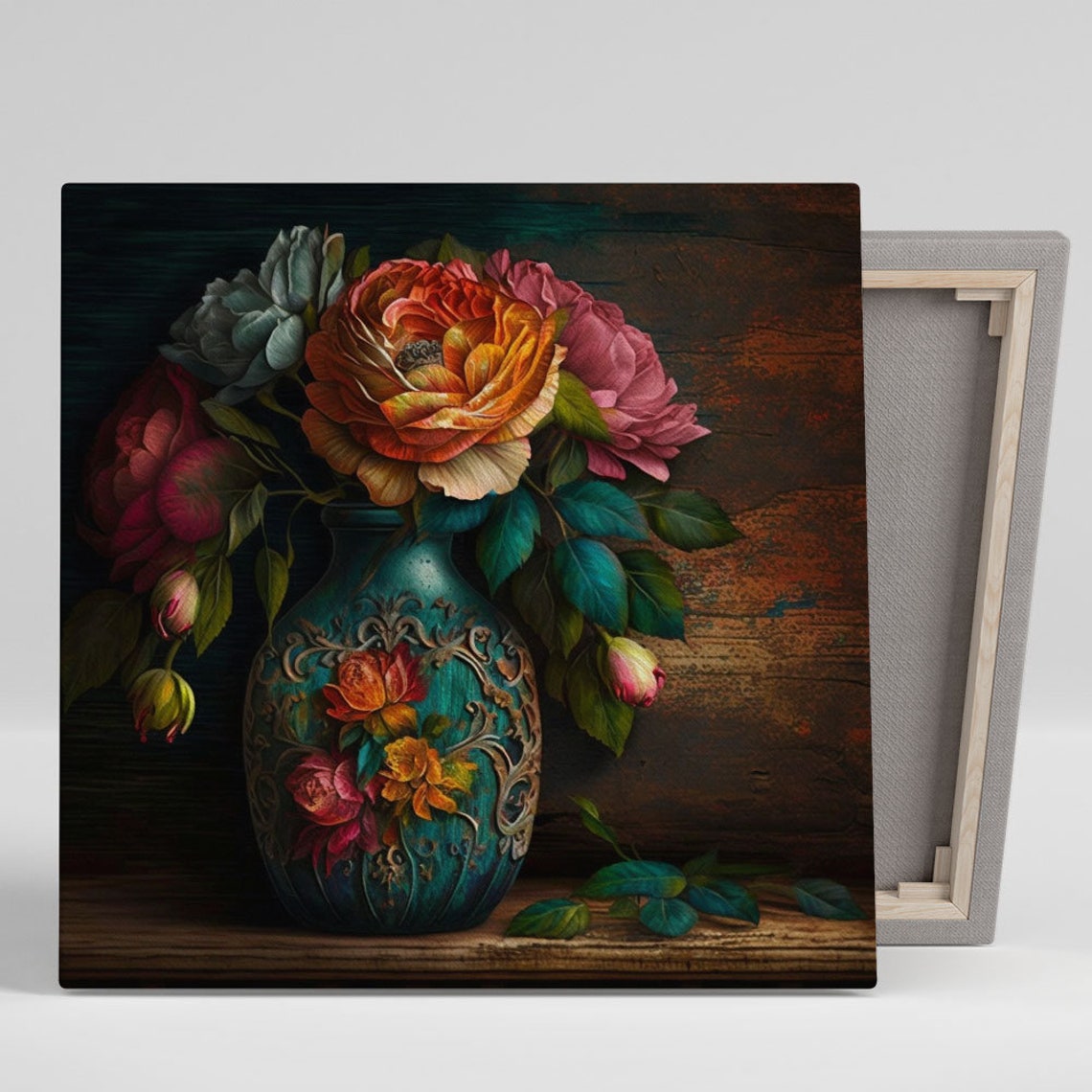 Coral Rose Bouquet Ornate Teal Vase Dark Classic Floral Art Poster