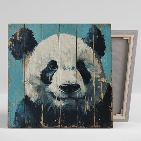 Panda Portrait On Distressed Teal Wood Planks Poster Rustic Farmhouse Print