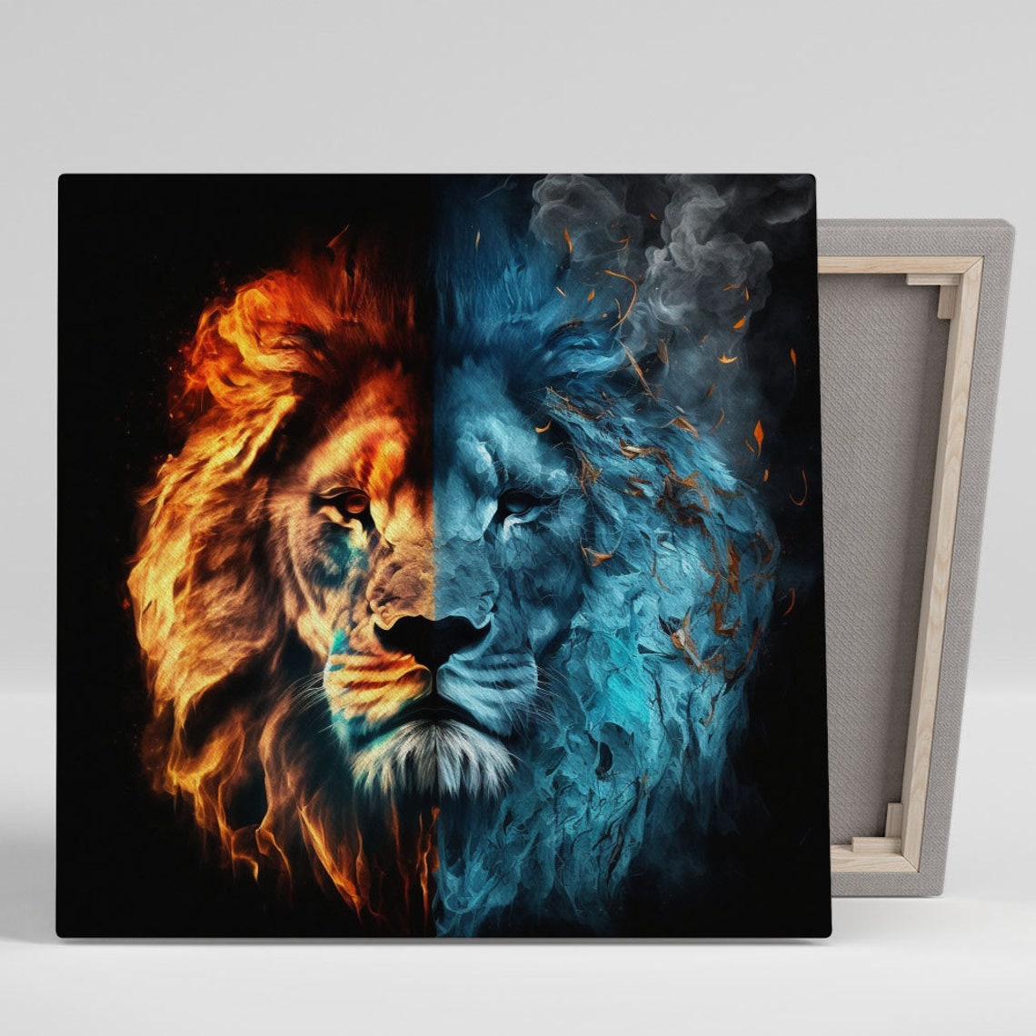 Lion Fire Ice Split Face Dramatic Wildlife Art Black Background Poster