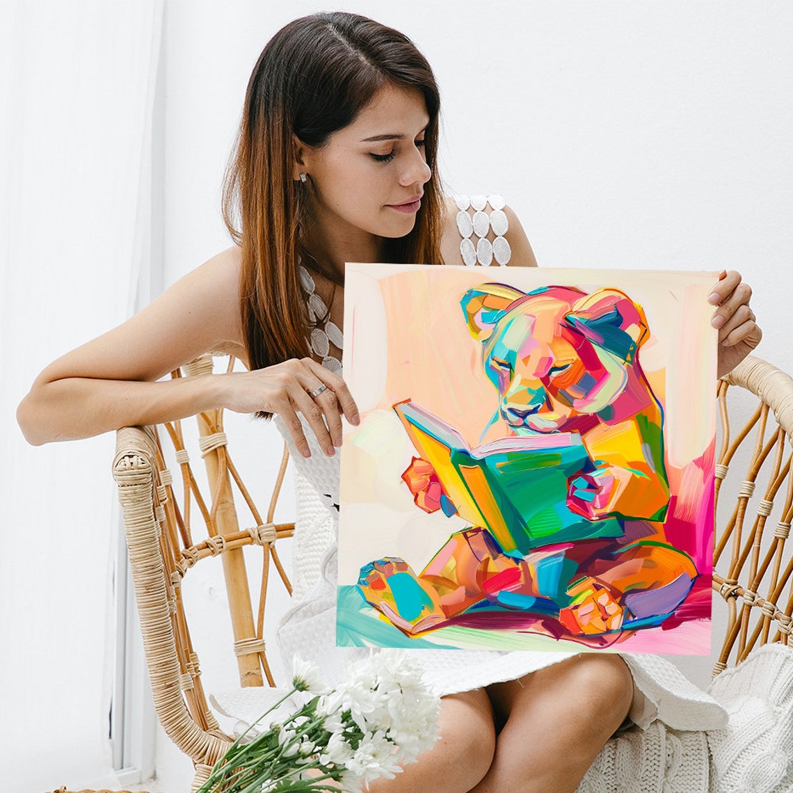Colorful Lion Reading Book Fauvist Art Whimsical Library Poster - Image 3