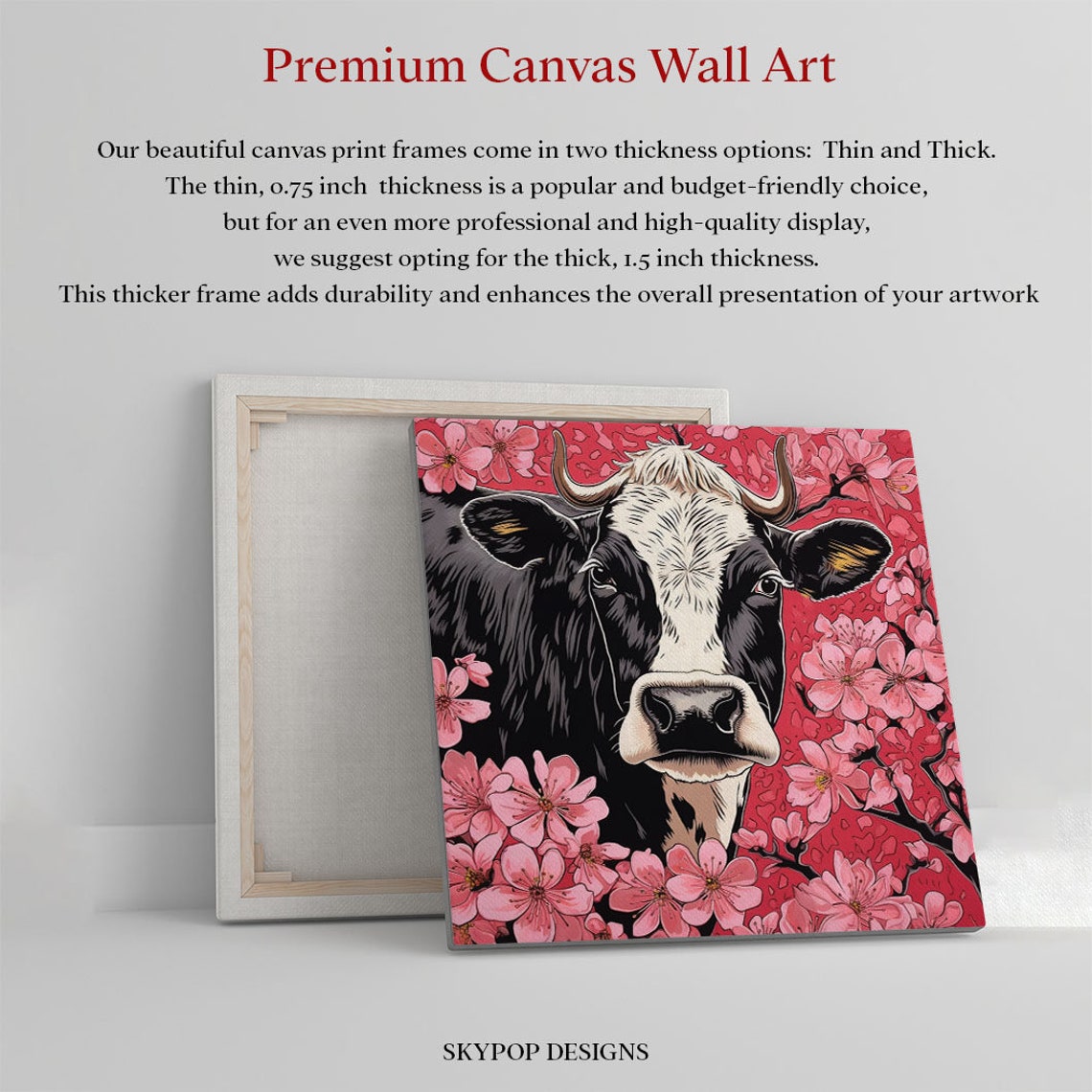 Black And White Cow Pink Cherry Blossoms Red Background Art Poster - Image 2