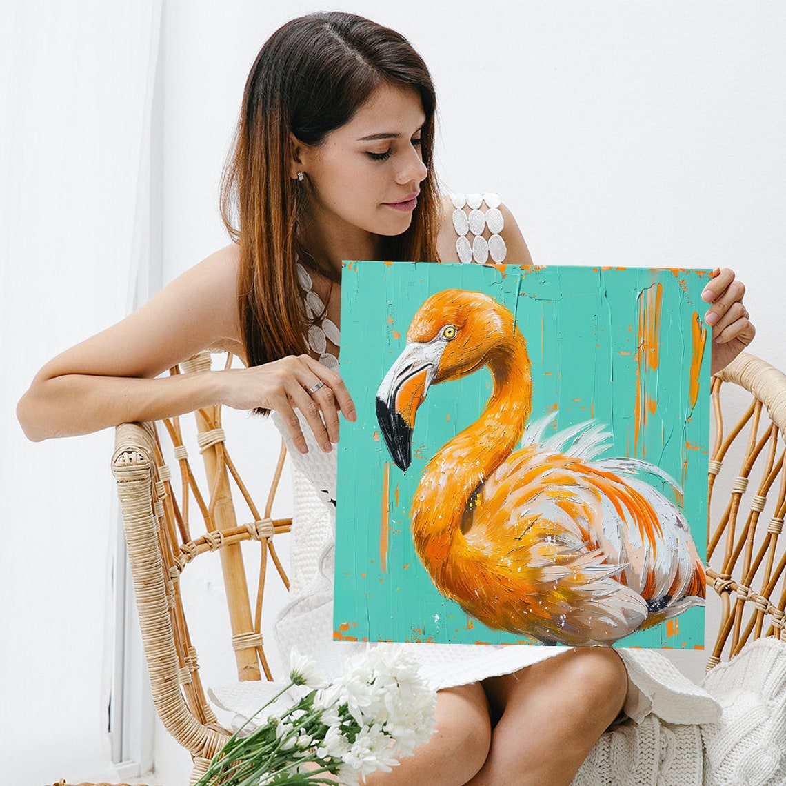 Orange Flamingo Turquoise Background Bold Painterly Animal Poster - Image 3