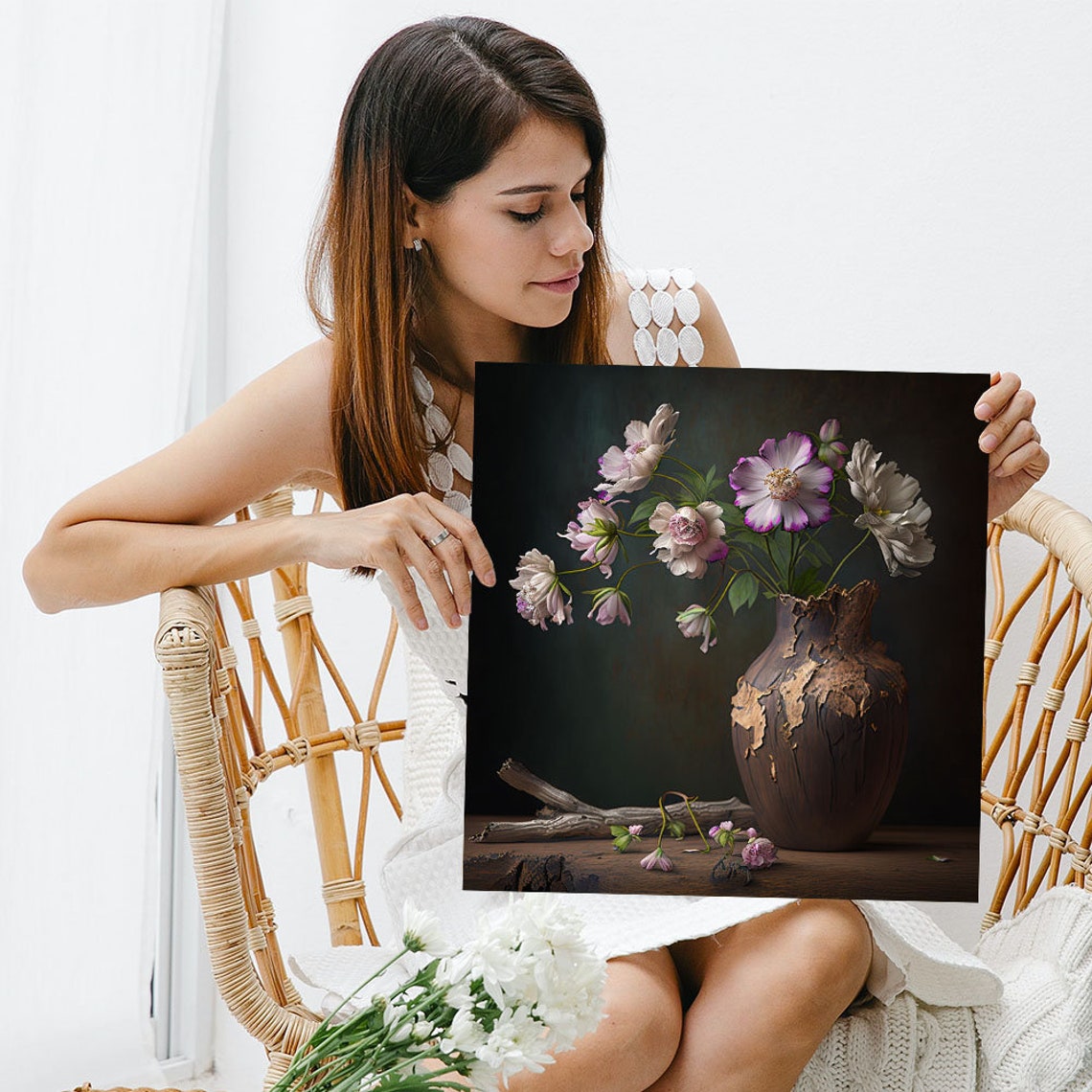 White Anemone Flowers Dark Rustic Vase Moody Floral Still Life Poster - Image 5