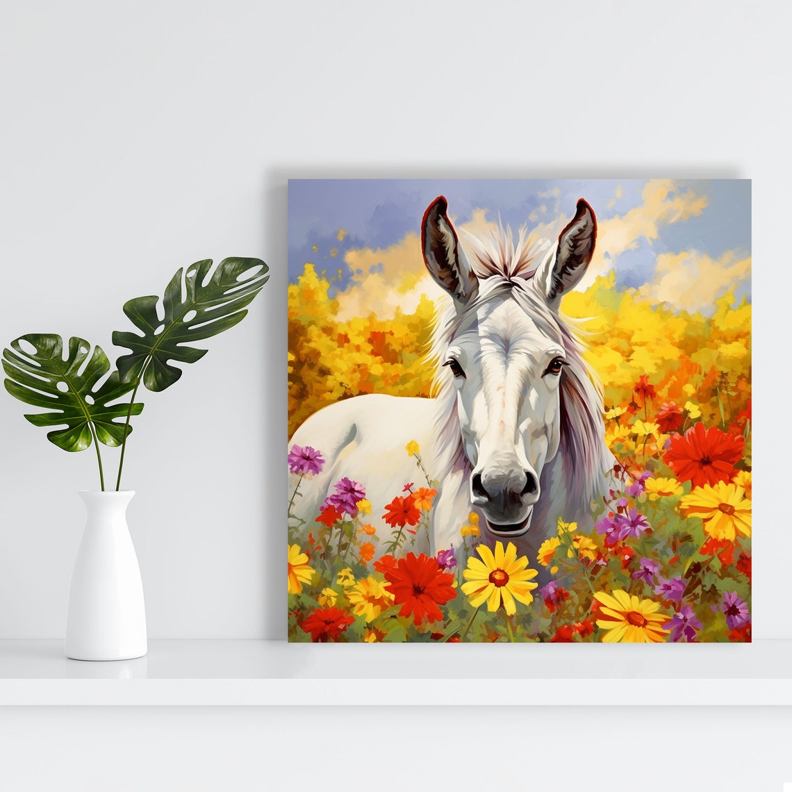 White Donkey In Wildflower Field Sunny Farmhouse Animal Canvas Poster - Image 3