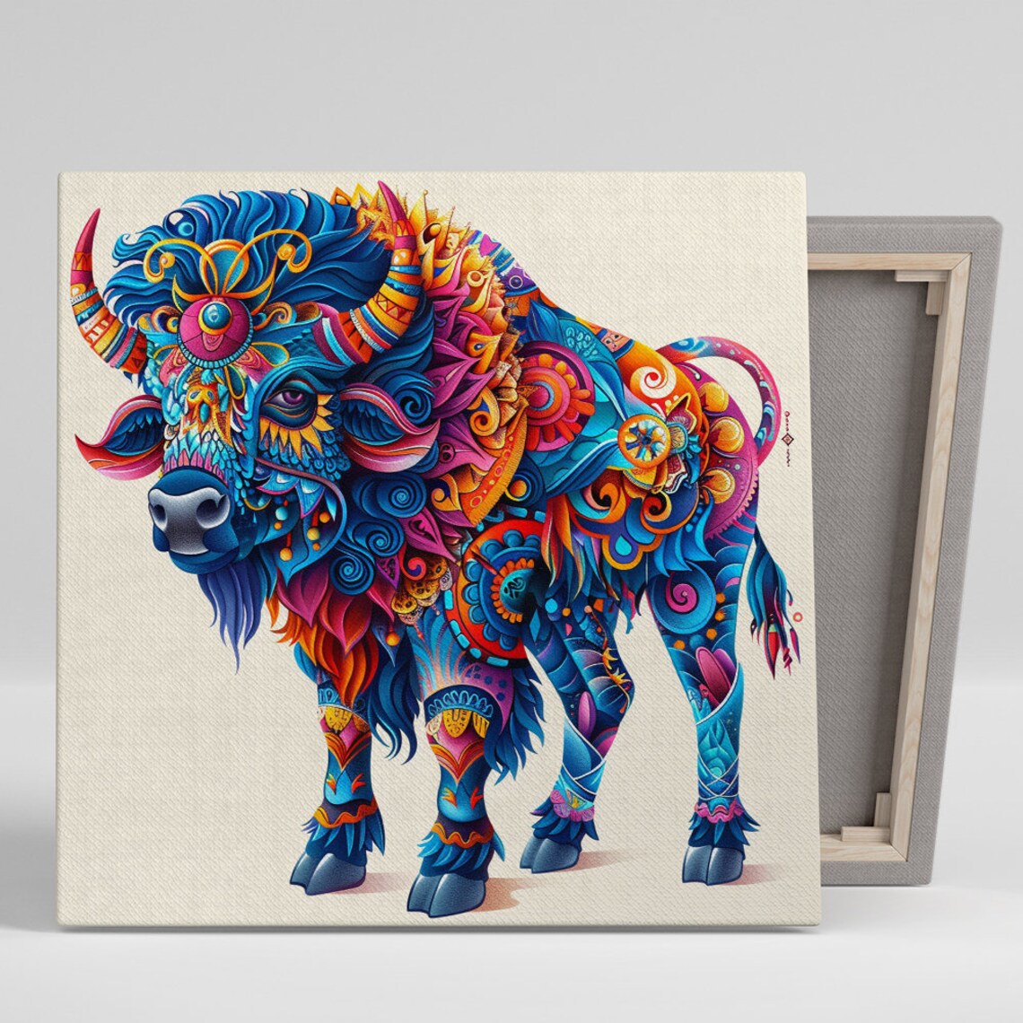 Psychedelic Bison Mandala Blue Magenta Orange Boho Spirit Poster