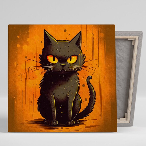 Black Cat Glowing Orange Eyes Moody Halloween Wall Art Poster