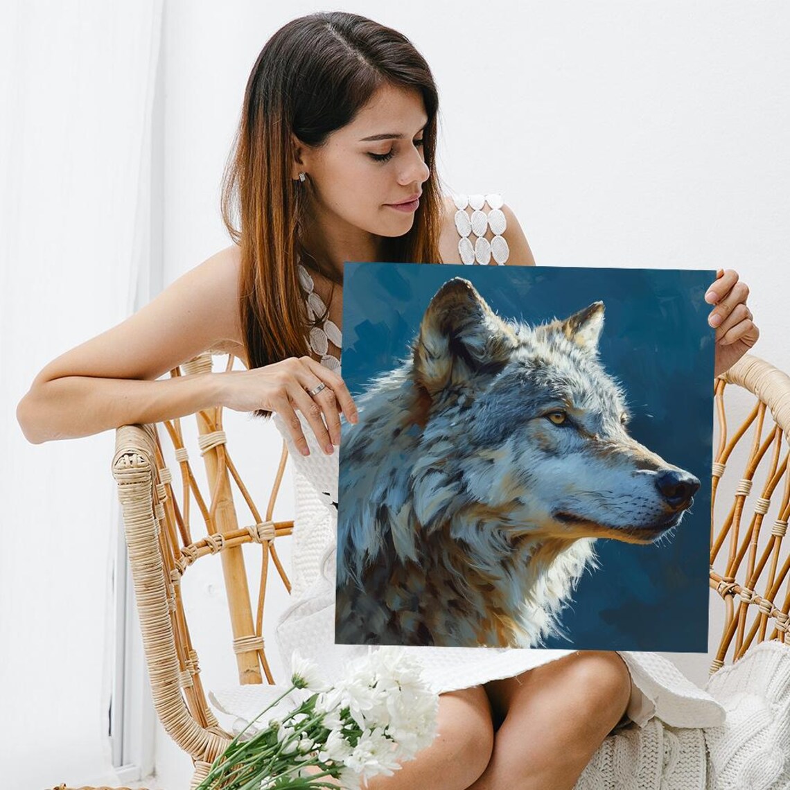 Arctic Wolf Profile Painterly Blue Toned Majestic Wildlife Portrait Poster - Image 3
