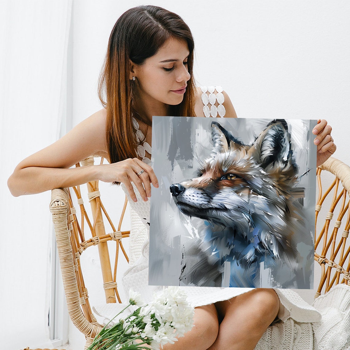 Ethereal Fox Profile Painting in Soft Blue and Grey Tones Poster - Image 3