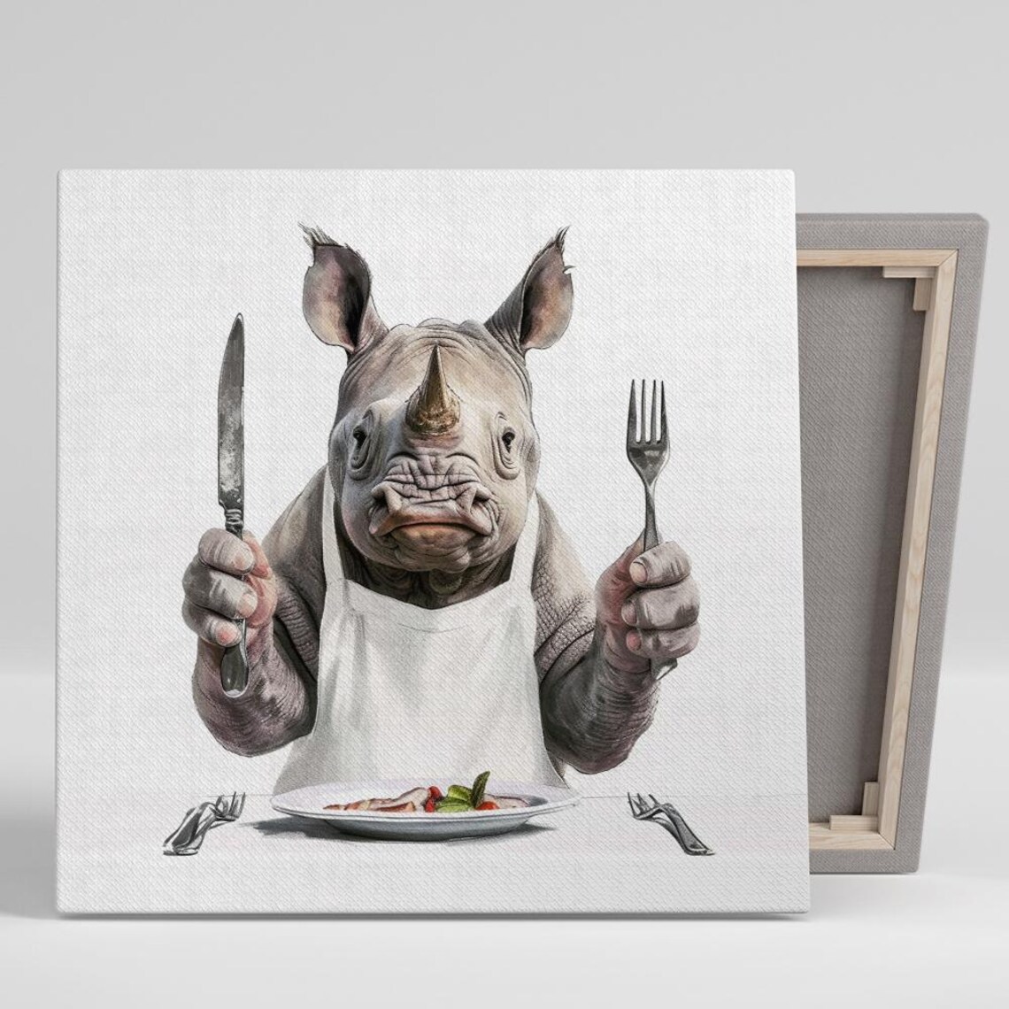 Culinary Rhinos Whimsical Animal Art Print, Kitchen Decor