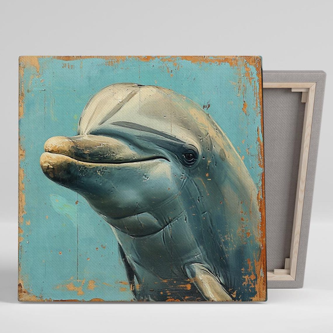 Smiling Dolphin Turquoise Distressed Wood Coastal Rustic Art Poster