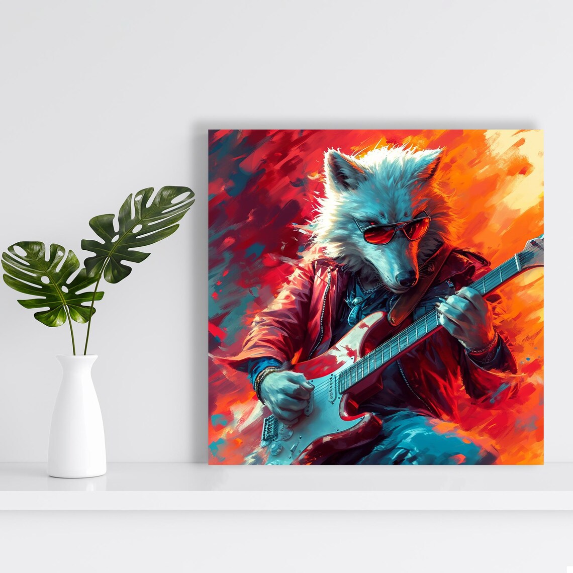 Wolf Guitarist Red Sunglasses Electric Guitar Fiery Rock Music Poster - Image 2