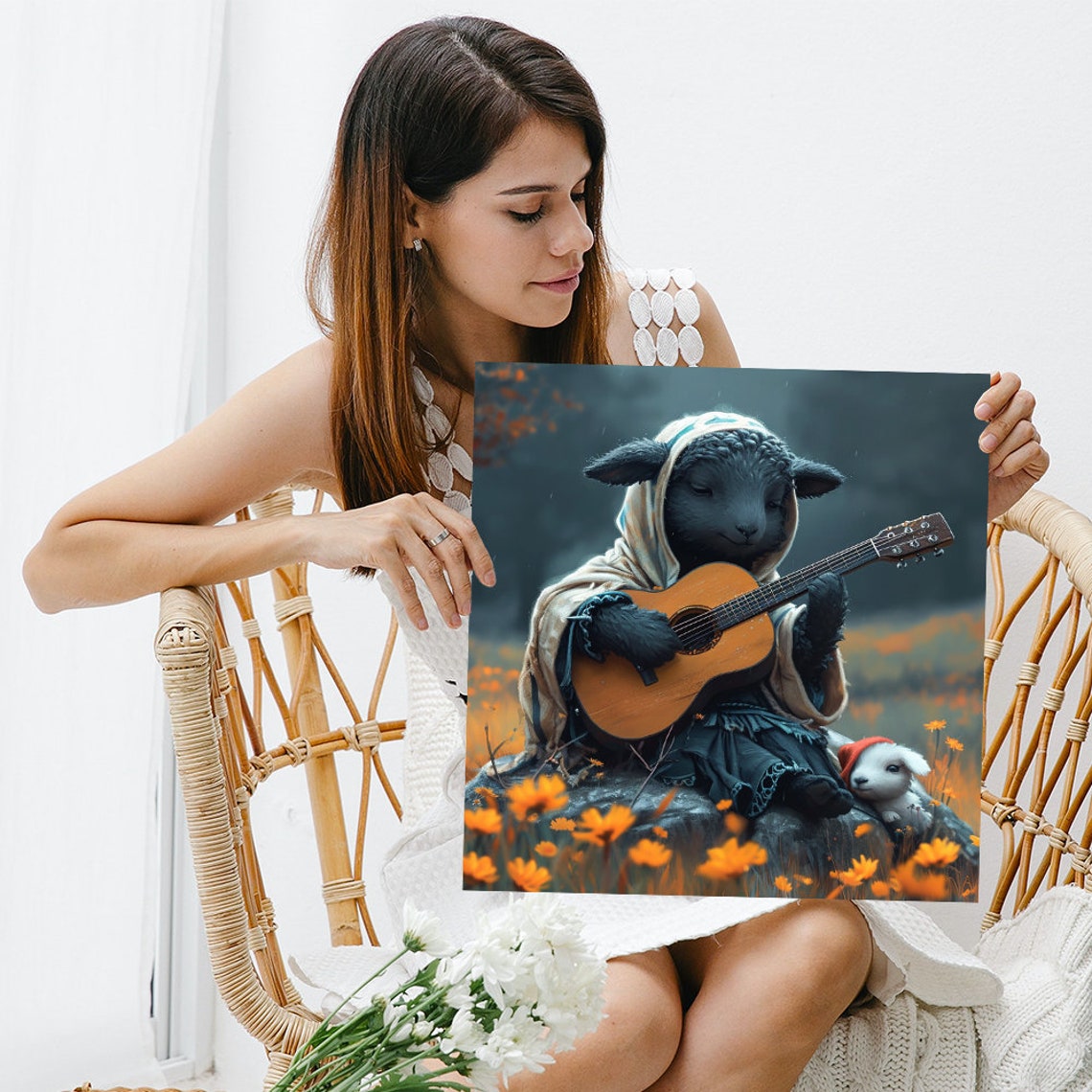 Black Lamb Playing Guitar Meadow Flowers Whimsical Music Poster - Image 3