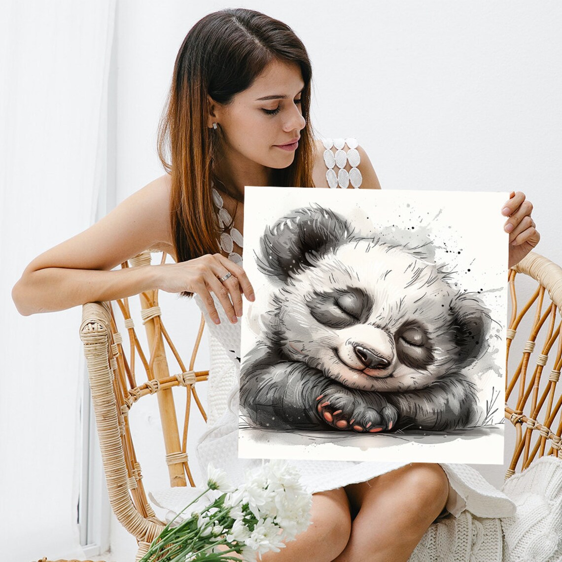 Sleepy Baby Panda Curled Up Watercolor Sketch Nursery Animal Wall Poster - Image 3