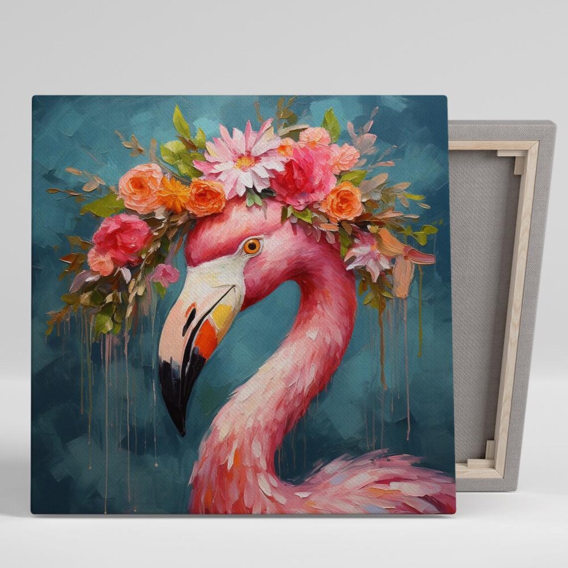 Pink Flamingo With Floral Crown Oil Painting On Teal Background Poster