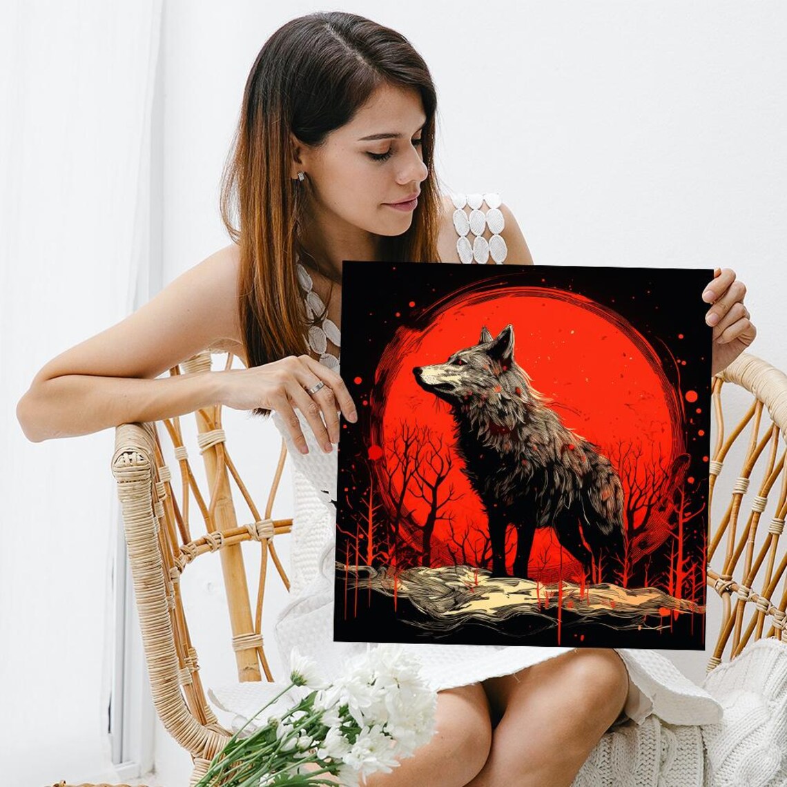 Wolf Standing Red Blood Moon Dark Gothic Forest Silhouette Night Poster - Image 3