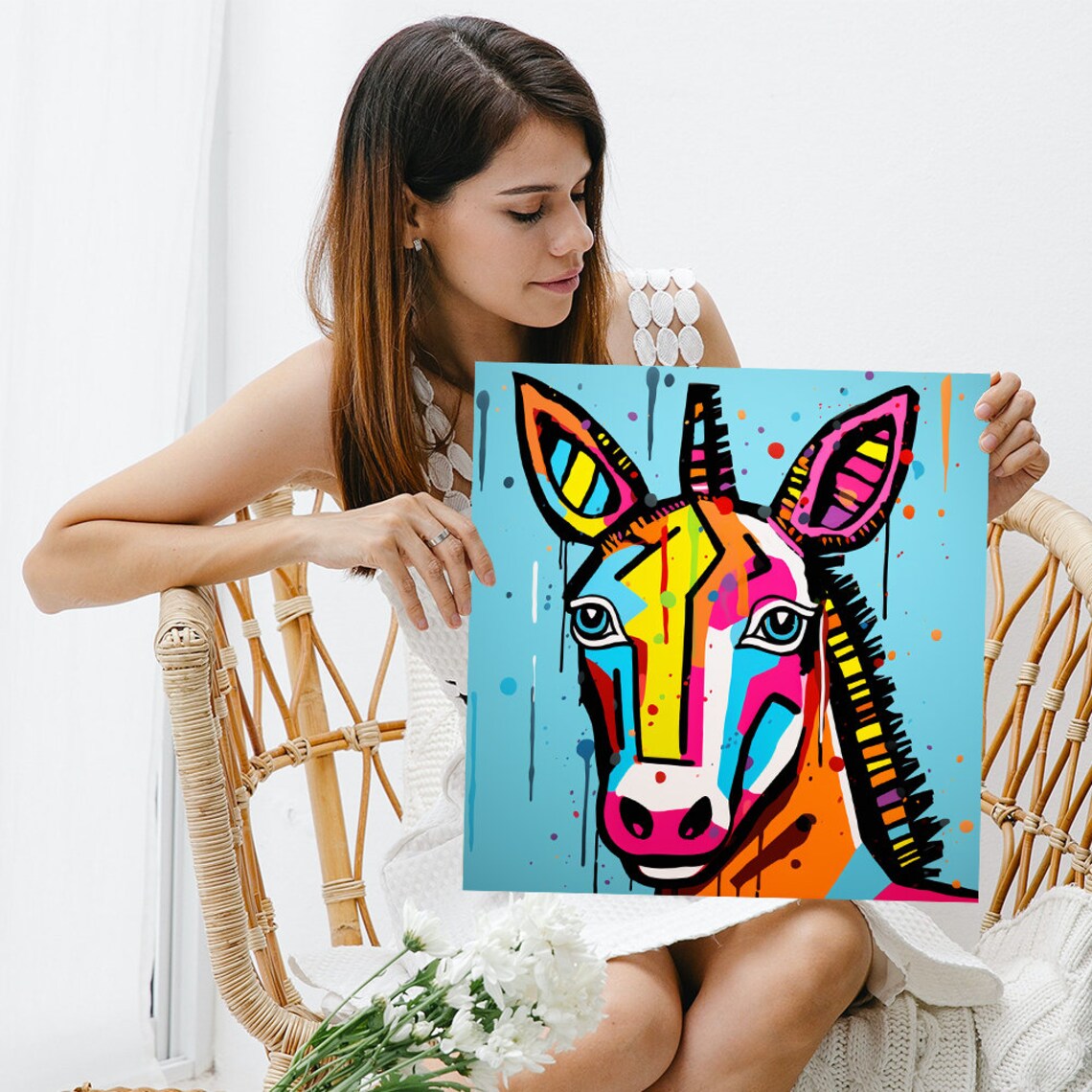 Vibrant Geometric Donkey Face Colorful Pop Art Blue Animal Wall Poster - Image 3