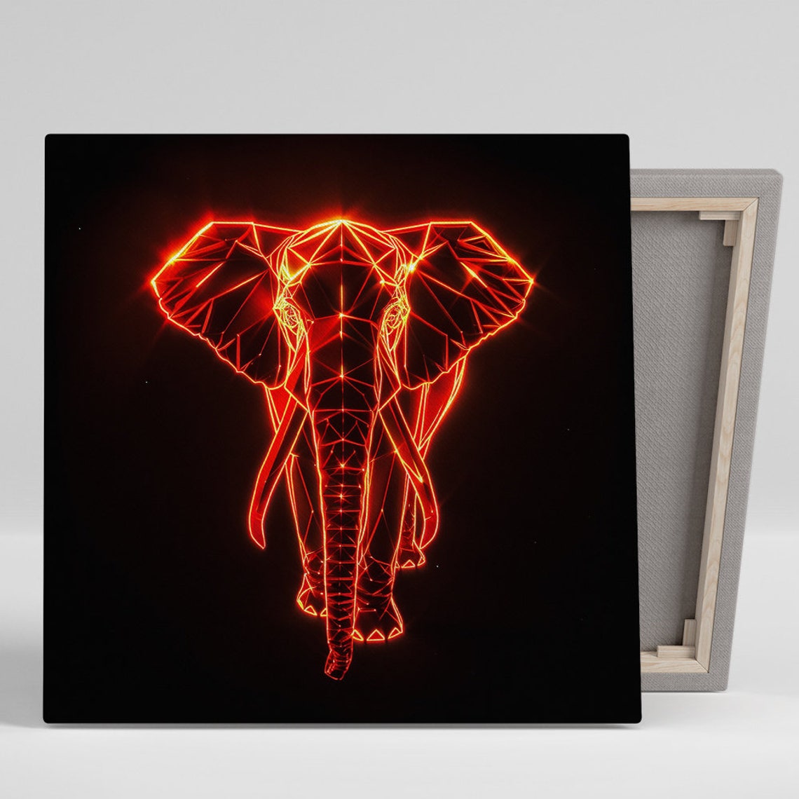 Neon Elephant Geometry Red Wireframe Low Poly Black Background Poster