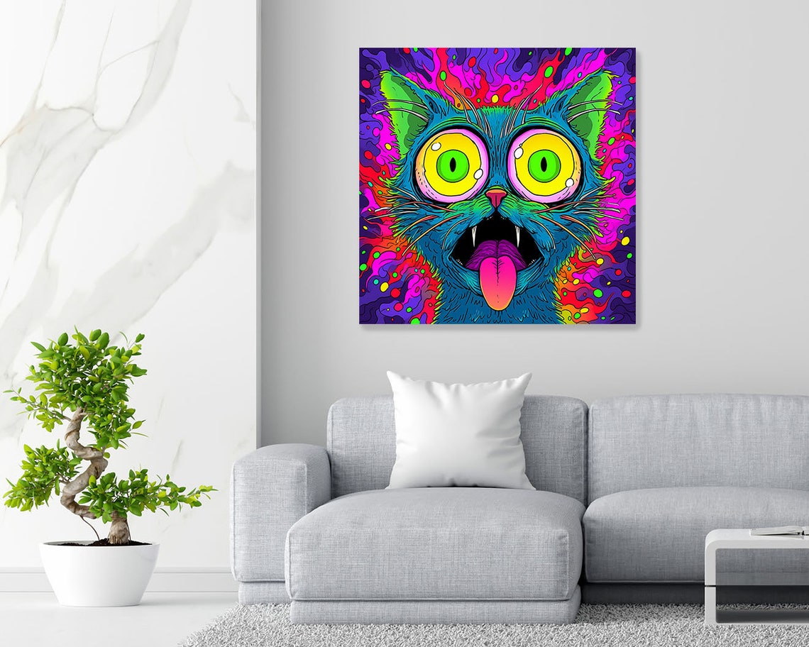 Psychedelic Trippy Cat Neon Pop Art Wild Eyes Funny Feline Poster - Image 3