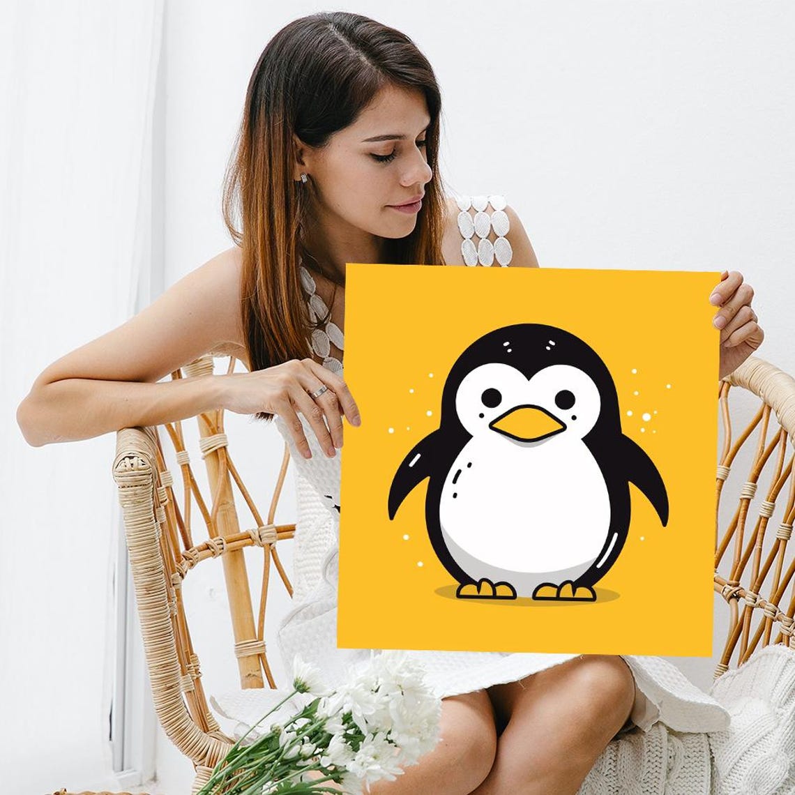 Cute Cartoon Penguin Standing On Mustard Yellow Background Poster - Image 3