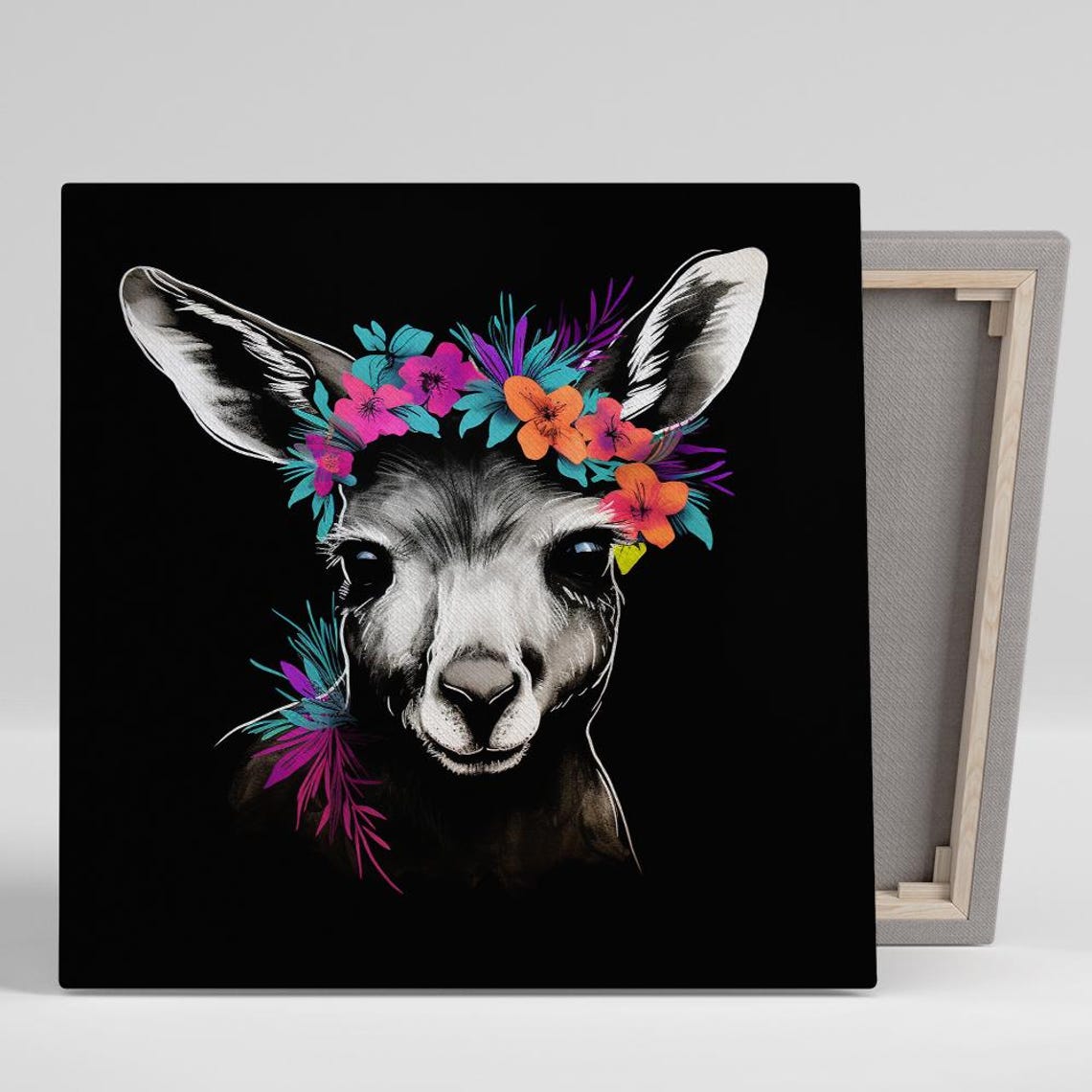Kangaroo Wearing Tropical Floral Crown Boho Black Animal Wall Poster