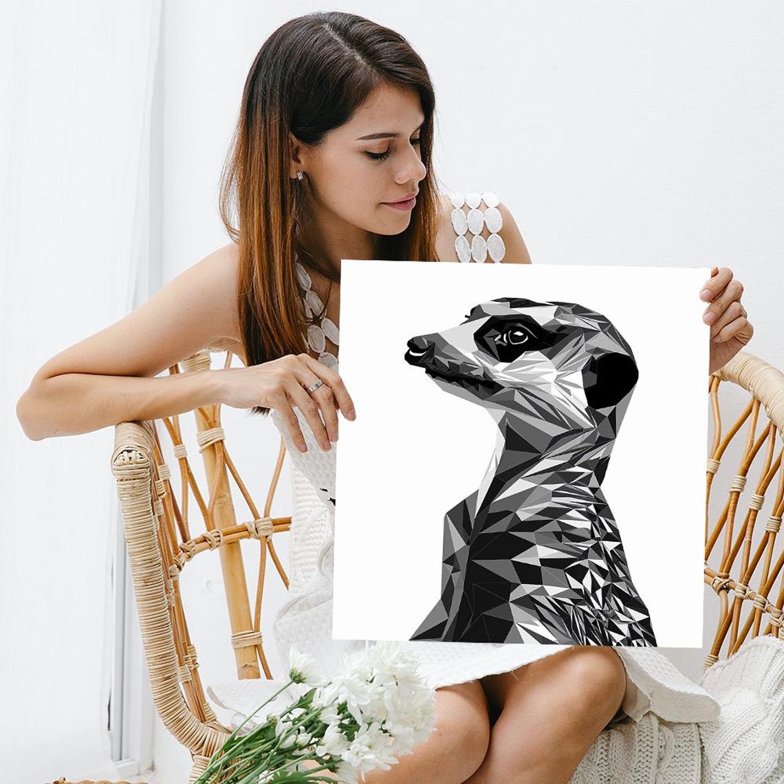 Geometric Low Poly Meerkat Black White Minimalist Wall Art Poster - Image 3
