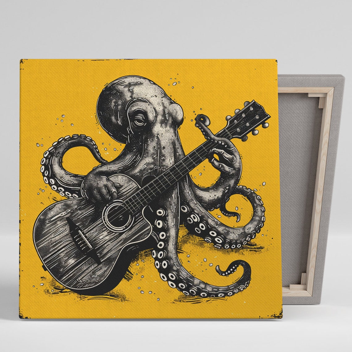 Octopus Playing Guitar Surreal Ink Art Mustard Yellow Wall Poster