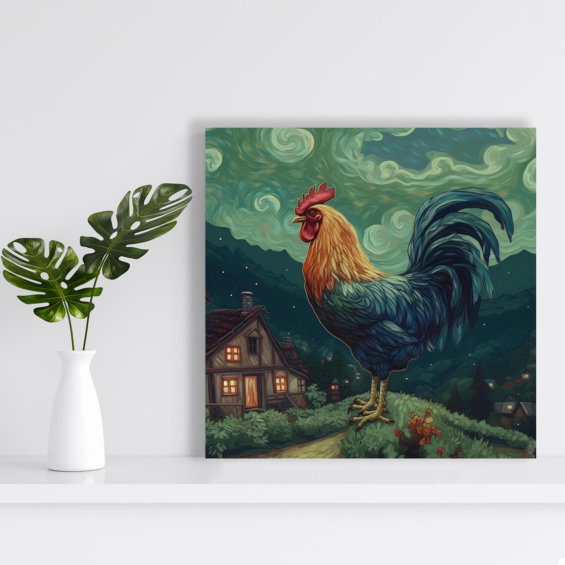 Rooster Under Swirling Starry Night Sky Village Scene Animal Poster - Image 2