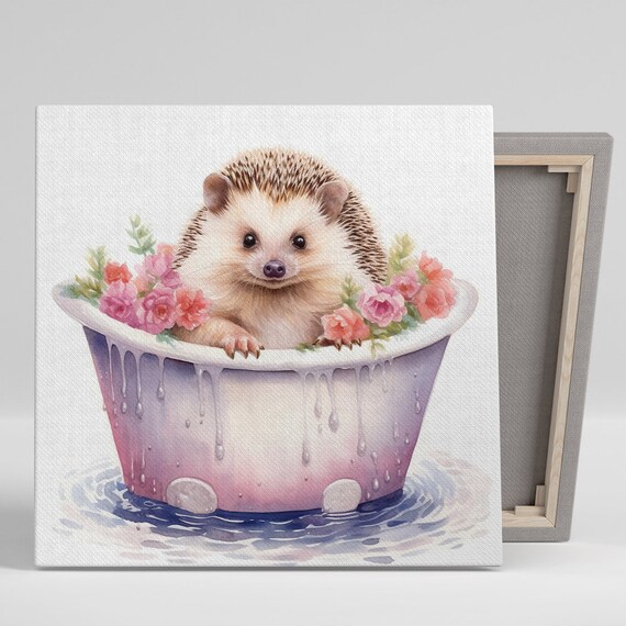 Cute Hedgehog Bathing In Tub With Pink Flowers Whimsical Watercolor Poster