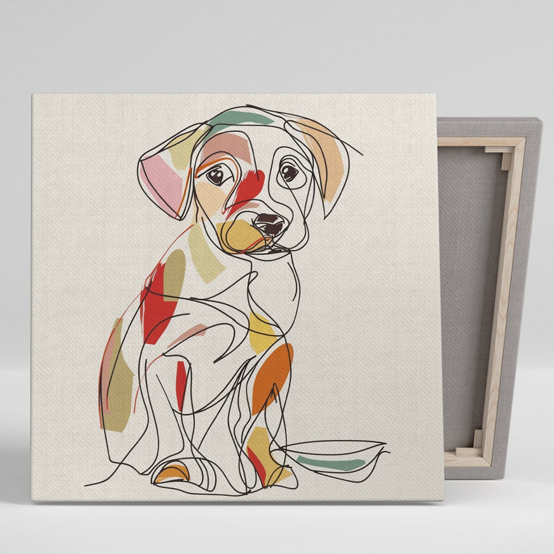Labrador Puppy One Line Drawing Colorful Patches Minimalist Dog Art