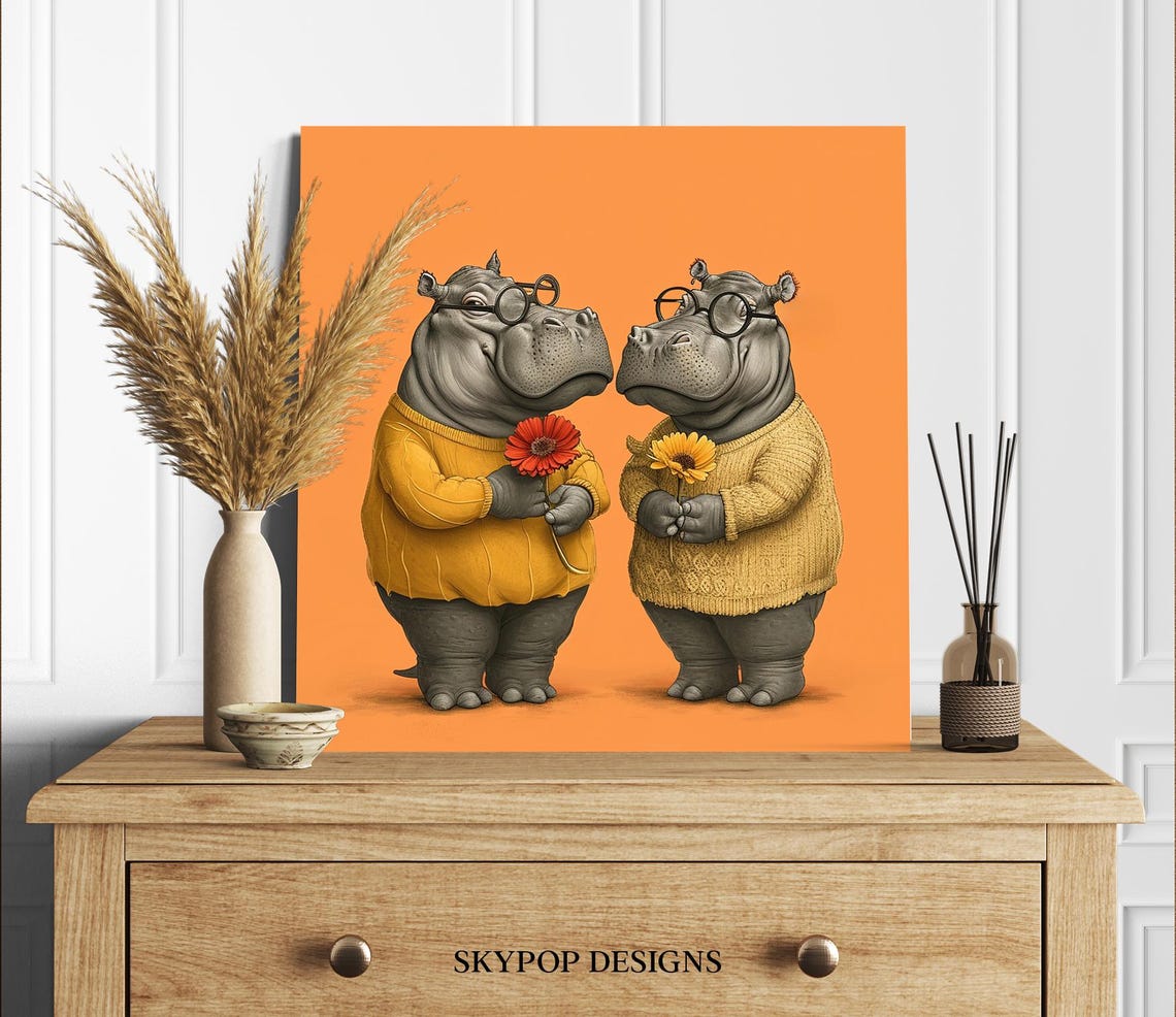 Sweet Hippos in Sweaters Glasses Flowers Cute Orange Animal Poster - Image 2