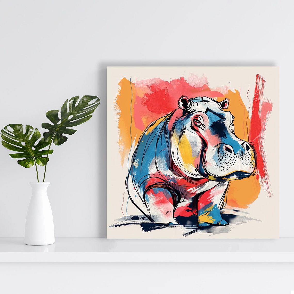 Colorful Hippo Watercolor Sketch Blue Pink Orange Wash Art Poster - Image 2