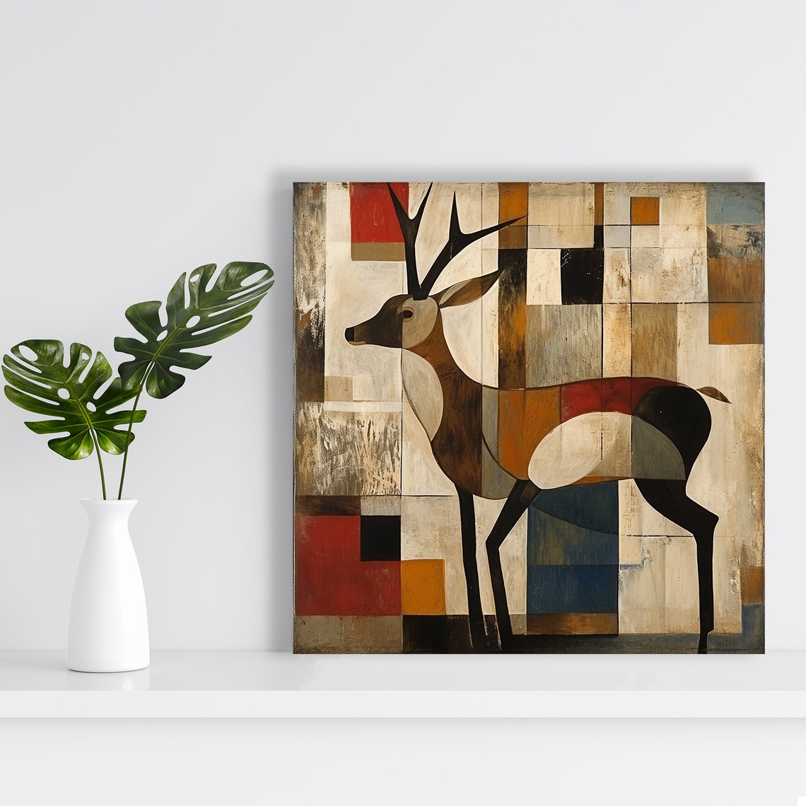 Geometric Cubist Stag Deer Abstract Earth Tone Blocks Art Poster - Image 2