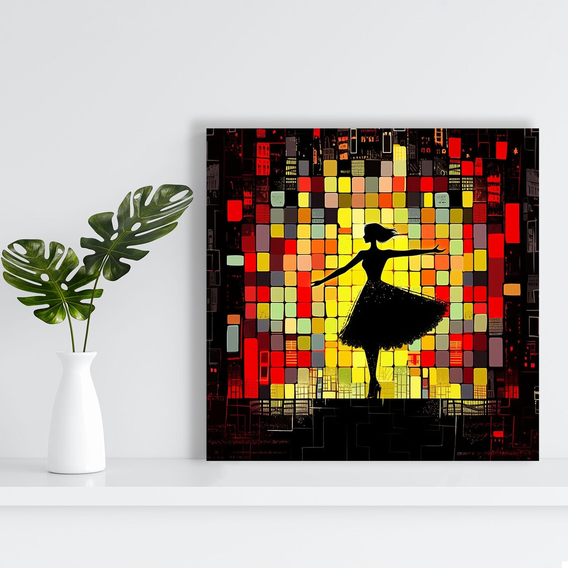 Dancer Silhouette Twirling Against Glowing Mosaic City Lights Art Poster - Image 2