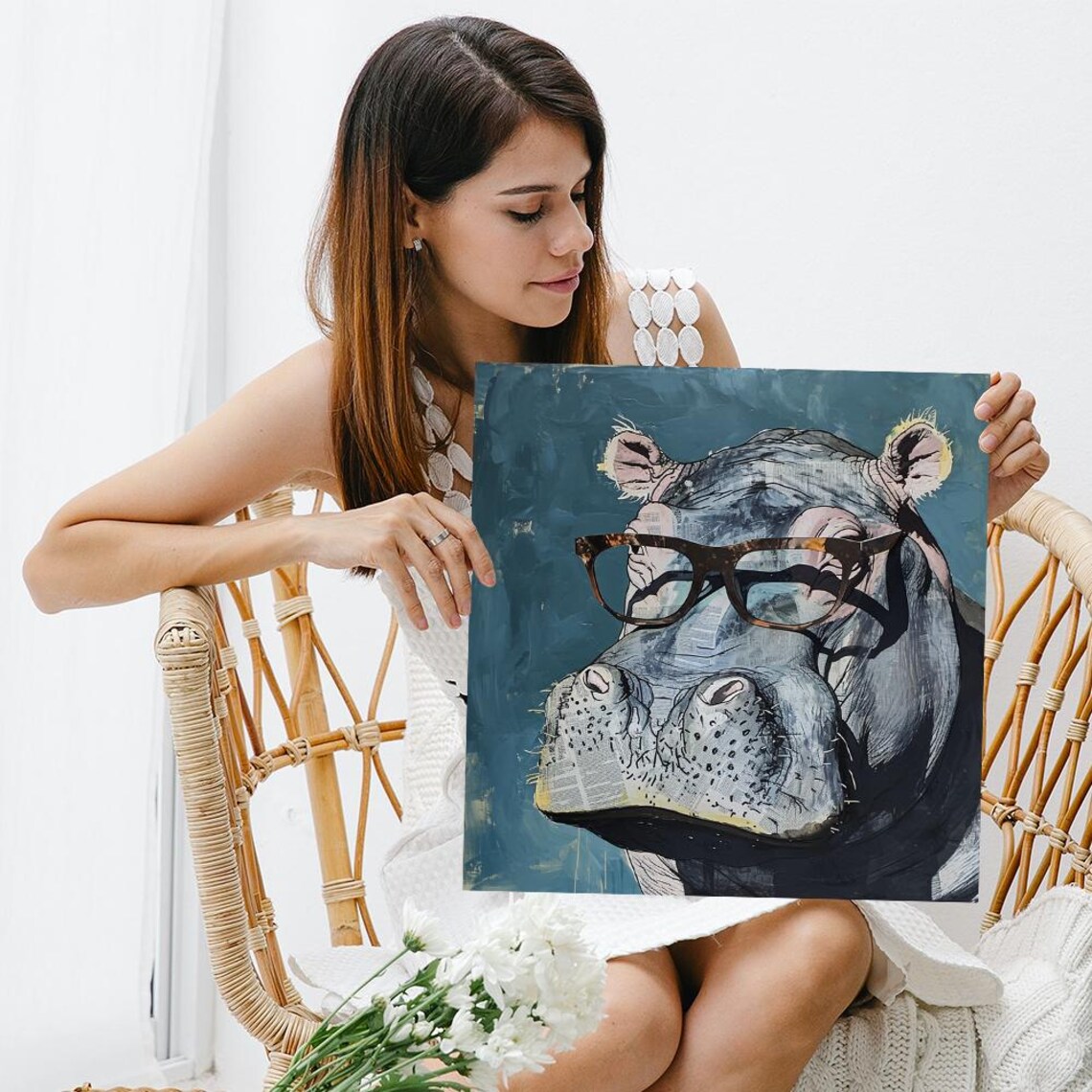 Hippo Hipster Tortoiseshell Glasses Blue Watercolor Funny Animal Poster - Image 3
