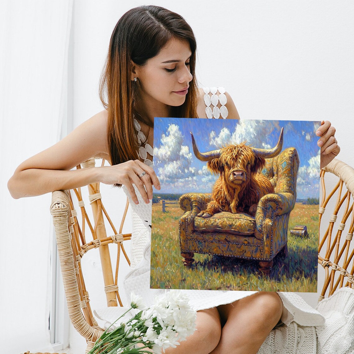 Highland Cow Sitting on Vintage Armchair in Sunny Field Poster - Image 3