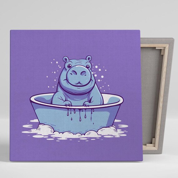 Cute Blue Hippo Relaxing In Bathtub On Purple Background Poster