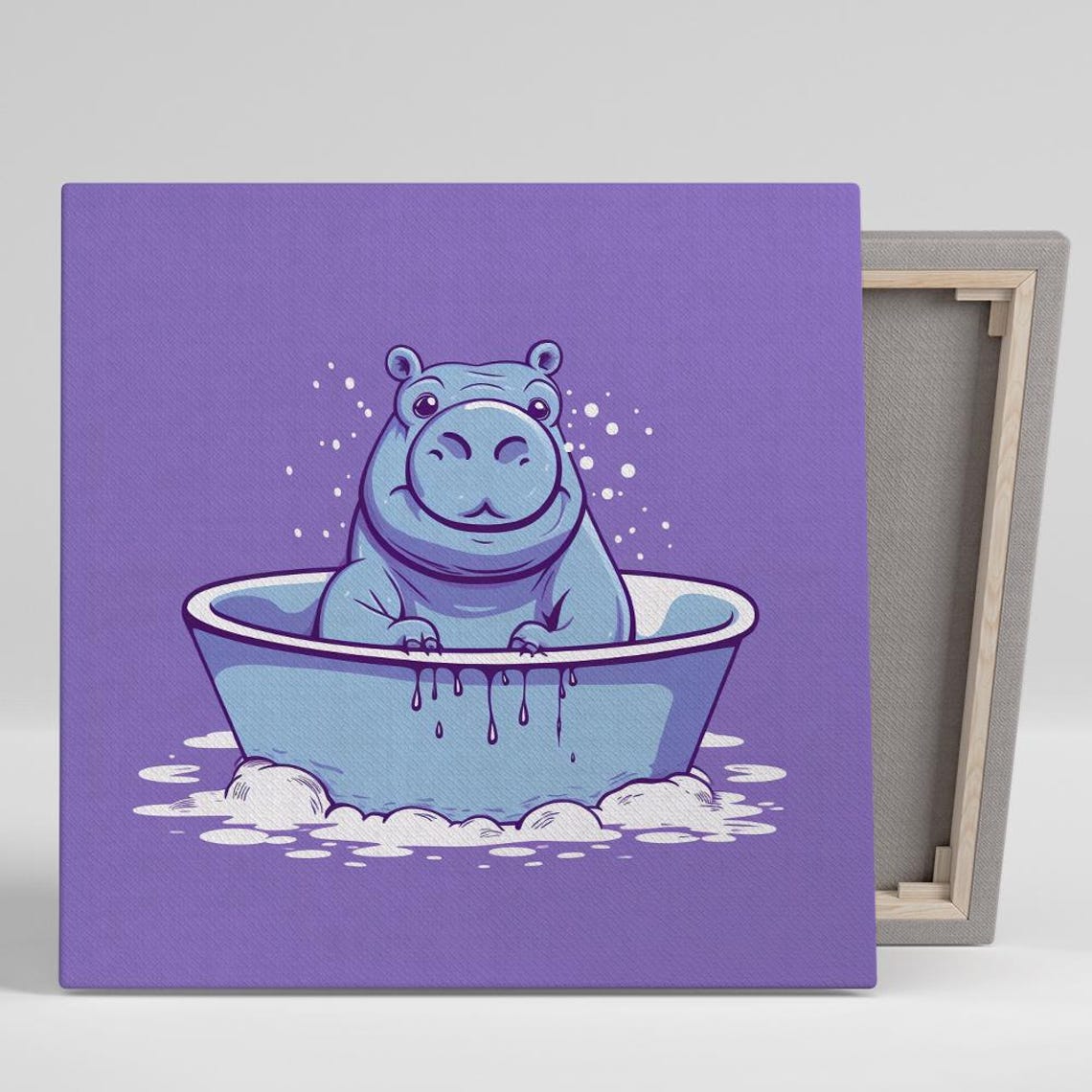 Cute Blue Hippo Relaxing In Bathtub On Purple Background Poster