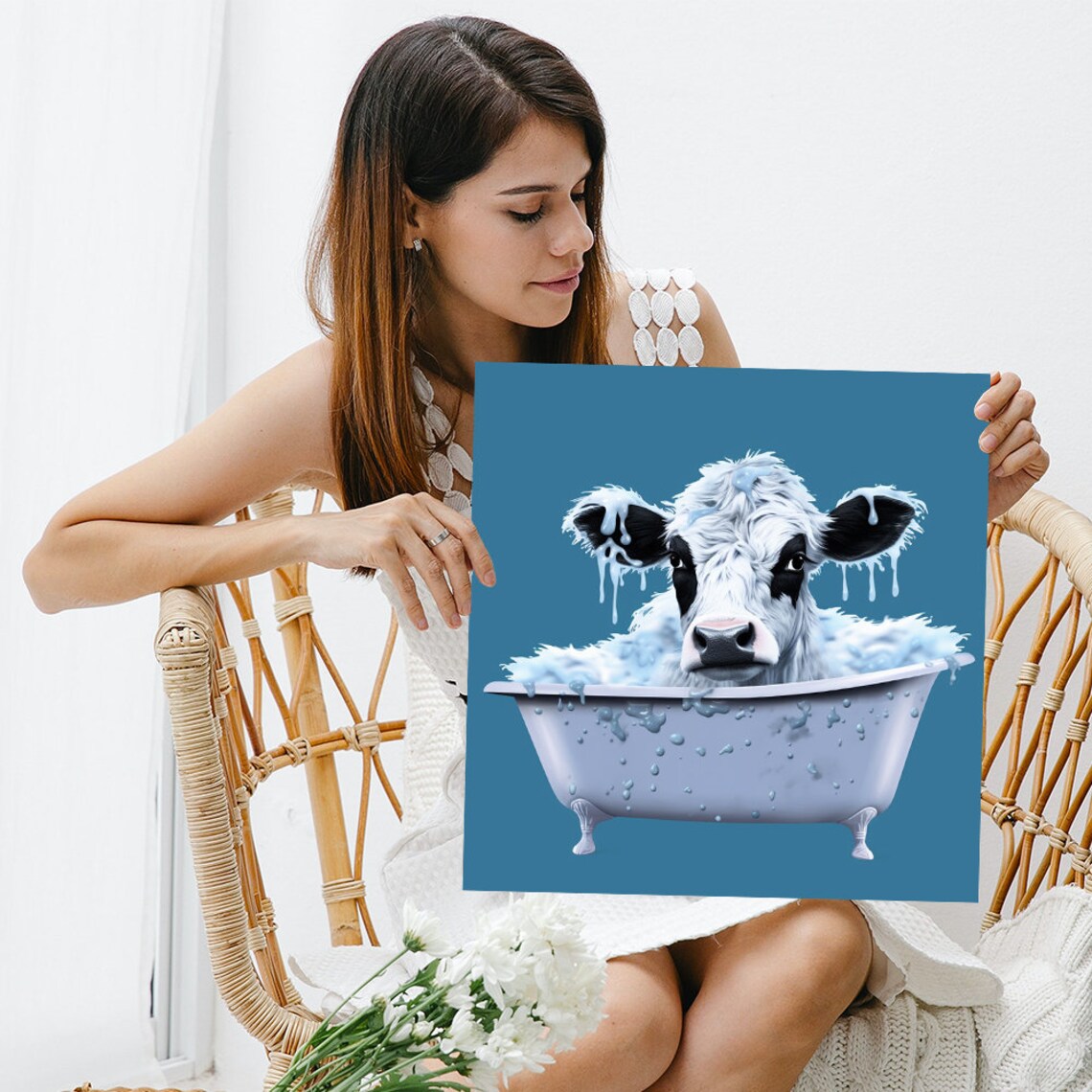 Whimsical Cow in Bubble Bath Tub Cute Farm Animal Bathroom Poster - Image 3