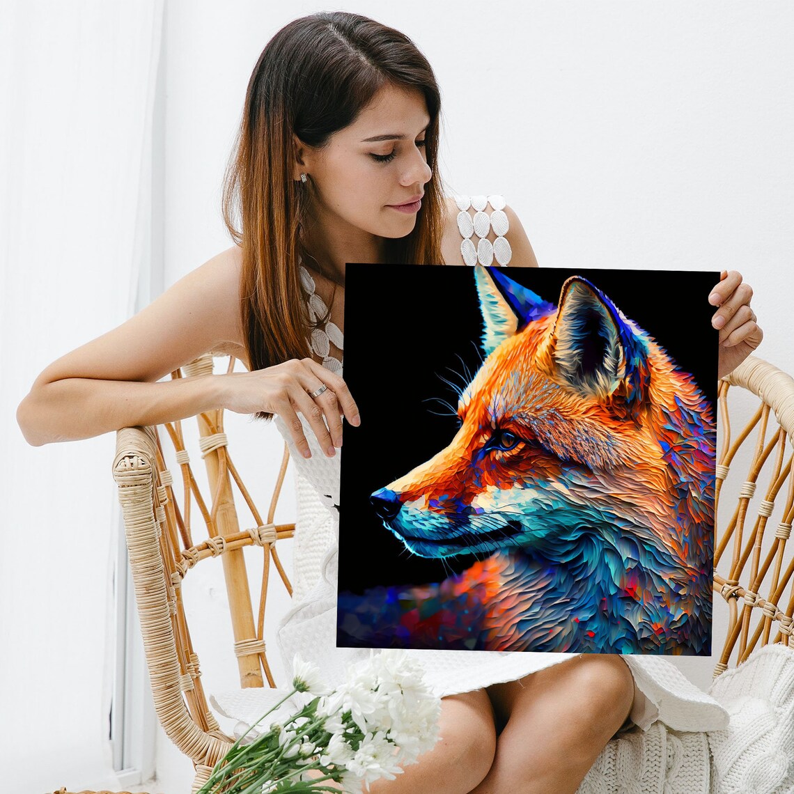 Fox Portrait Layered Orange And Teal Modern Wildlife Wall Canvas Poster - Image 5