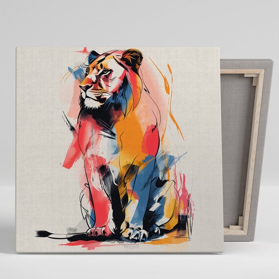 Colorful Abstract Lion Red Blue Orange Modern Wildlife Art Poster