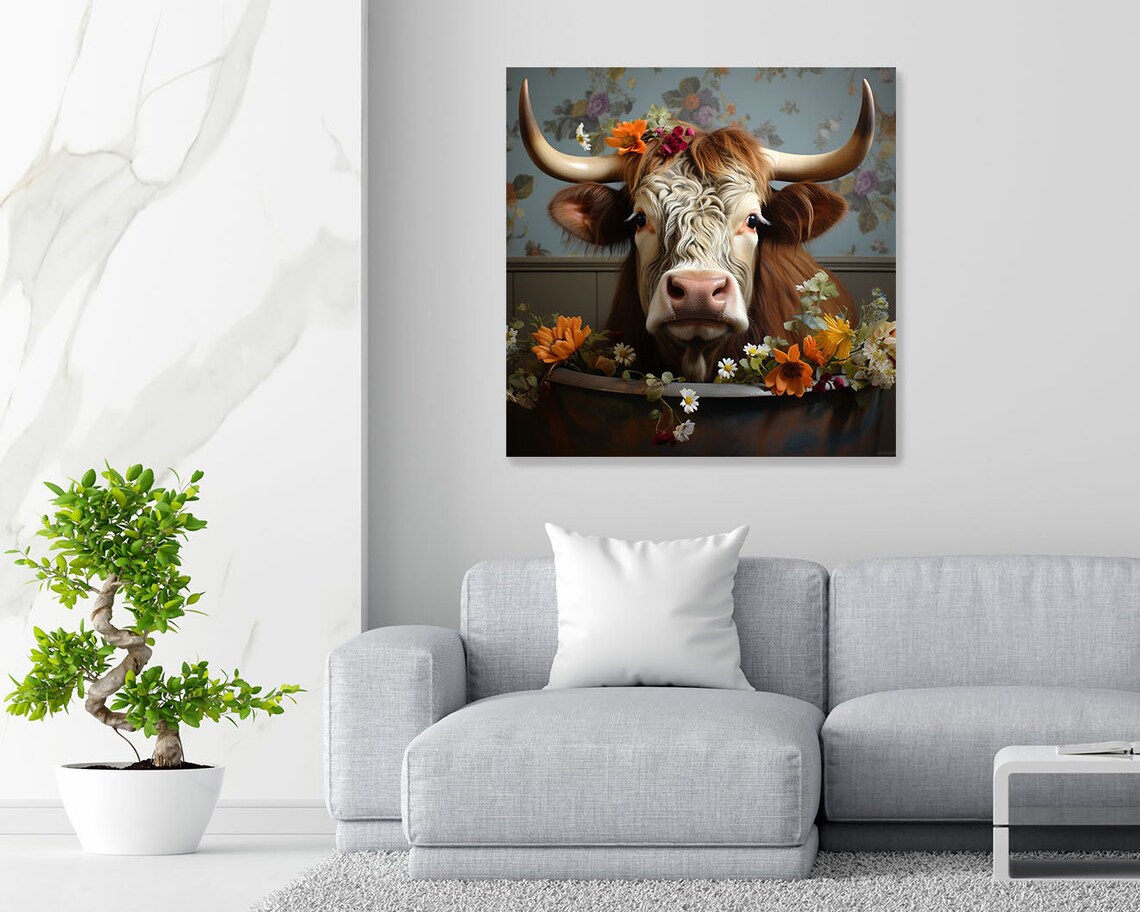 Floral Cow In Bathtub Art Print, Modern Animal Decor - Image 2