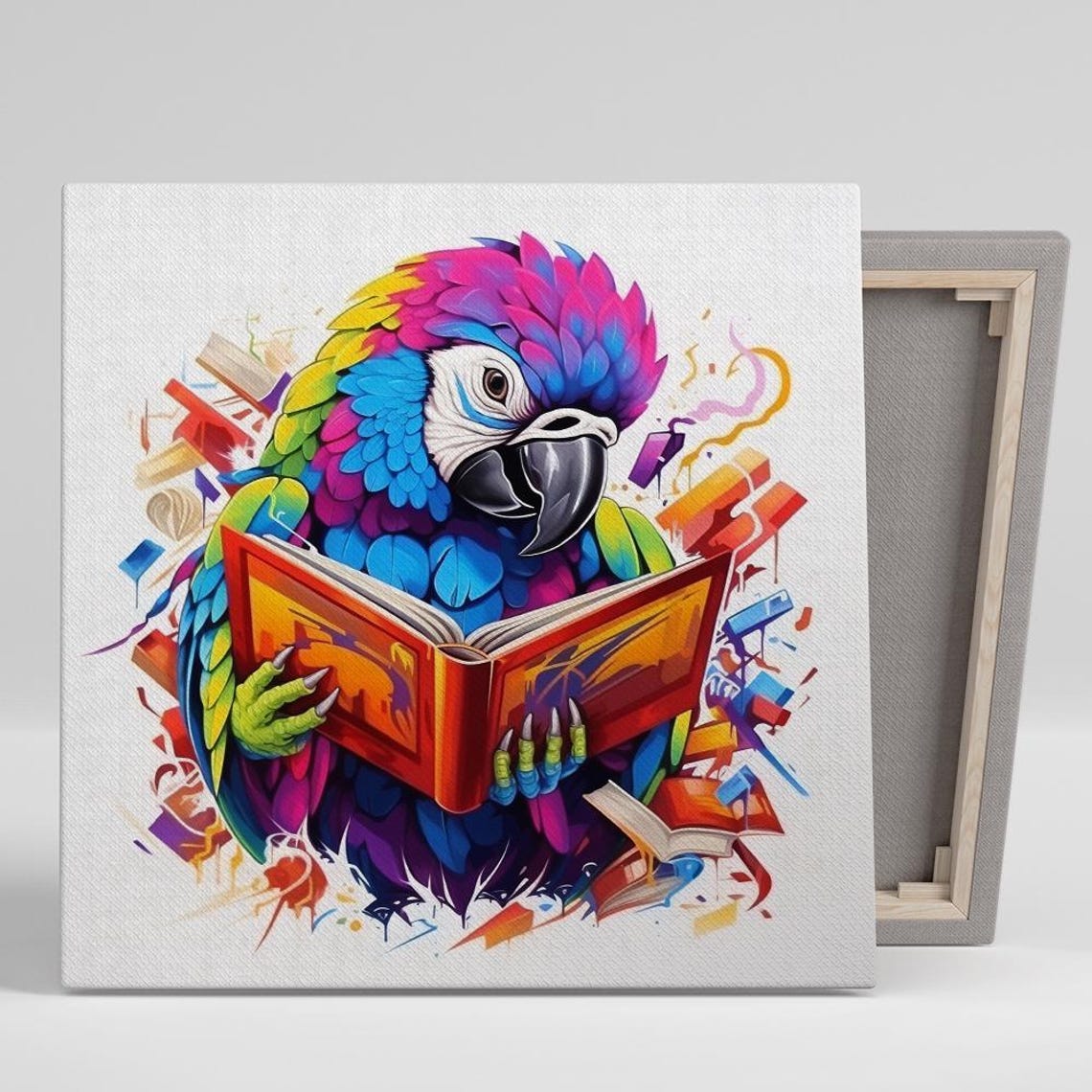 Colorful Parrot Reading Book Bibliophile Library Animal Art Poster