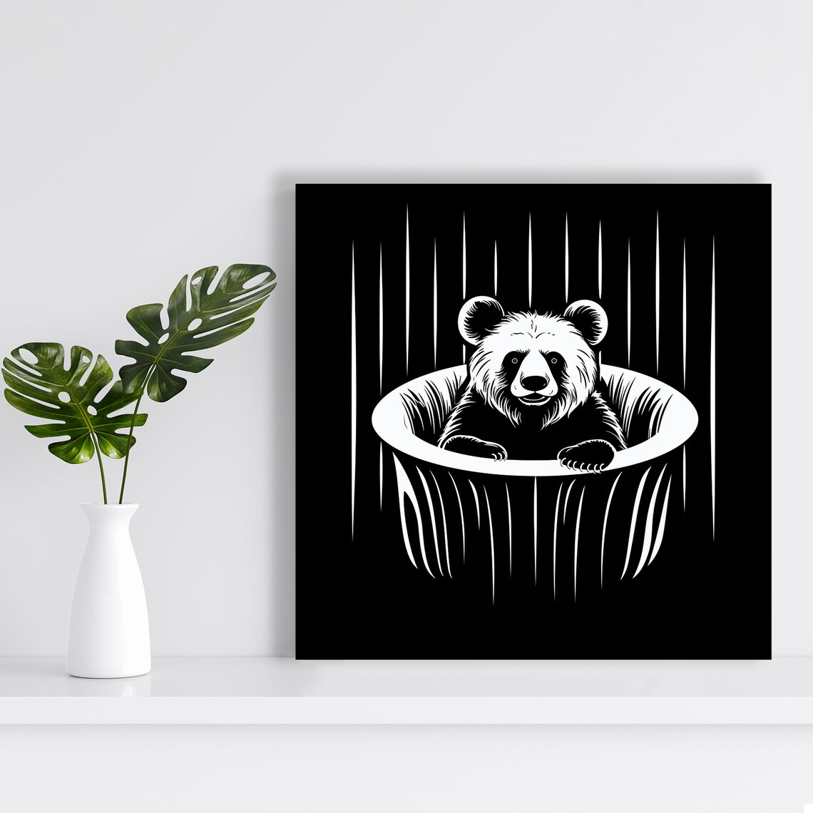 Monochrome Bear Bath In Black Tub Bold Black White Minimalist Animal Poster - Image 2